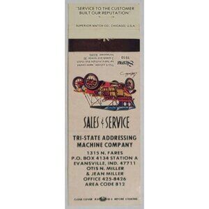 Vintage Matchbook Cover Tri-State Addressing Evansville IN 1910 Stearns Auto
